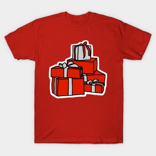 A Pile of Wrapped Gift Boxes in Red and Silver for Christmas T-Shirt